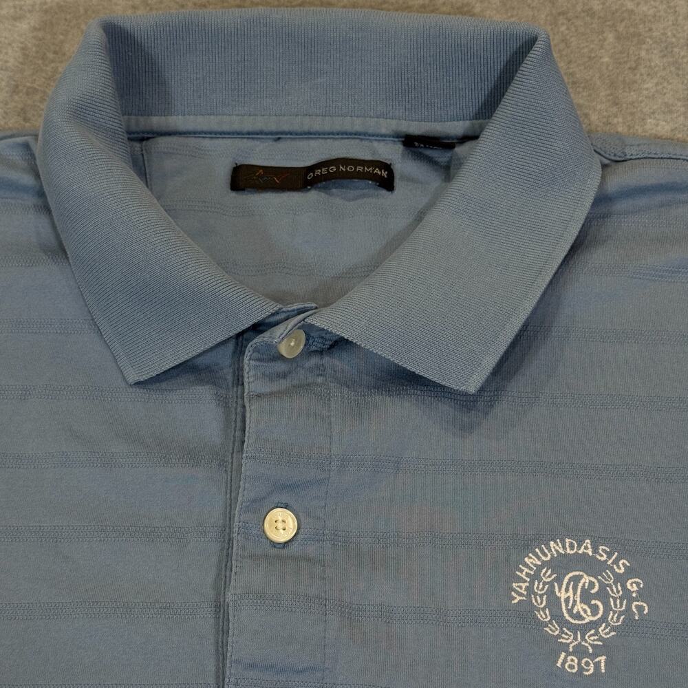 Greg Norman Golf Polo Shirt Mens Large Blue Striped Cotton Yahnundasis G.C. 1897